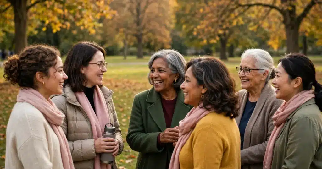 Photo of a group of women of different ages gathered in a park in warm autumn light for a community awareness event, some wearing soft pink scarves