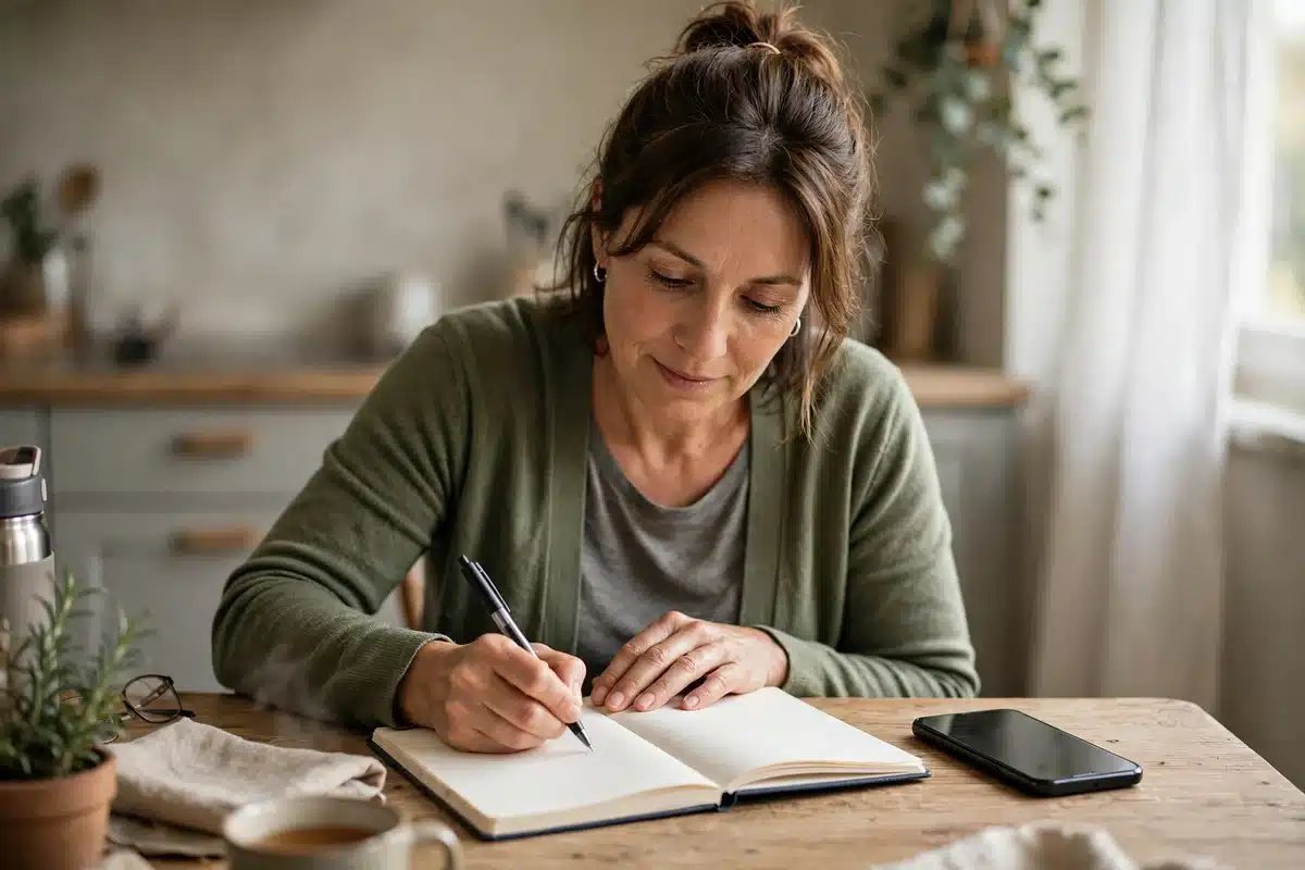 Photo of a woman caregiver in her 40s writing a simple ride schedule in a plain notebook at her kitchen table, phone beside her, soft daylight