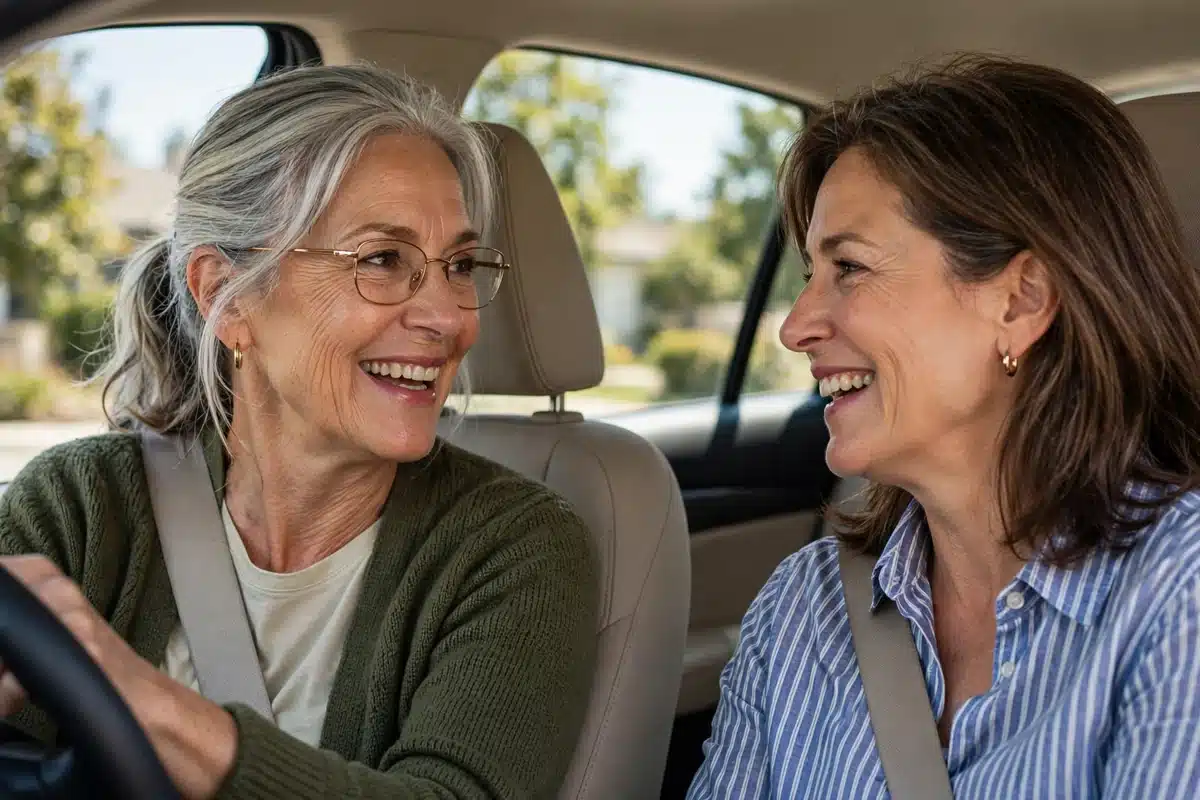 Photo of a neighbour in her 60s driving a woman in her 50s to an appointment, both chatting warmly in the car in bright daylight