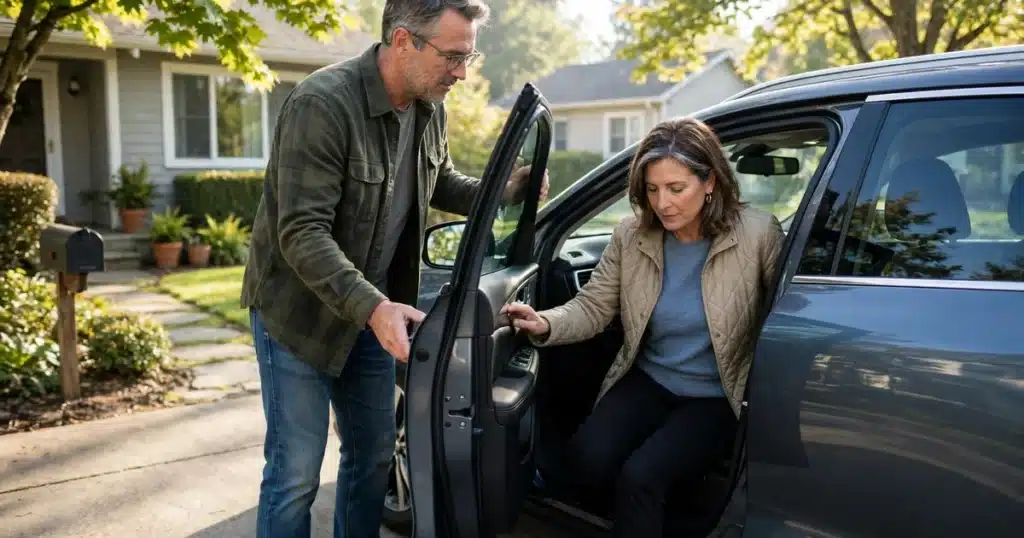 Photo of a man in his 50s helping his wife into the passenger seat of a car outside their home in bright morning light, calm and unhurried