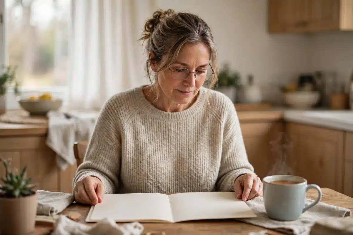Photo of a woman in her 50s at home reading a plain folder of notes at her kitchen table in soft daylight