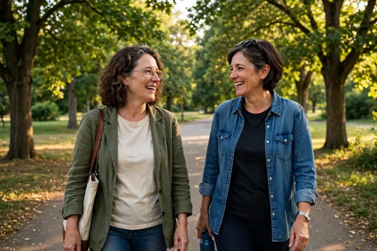 Photo of a woman in her 50s walking with a friend along a tree-lined path in warm afternoon light, talking together