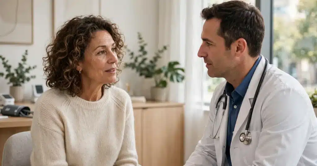 Photo of a woman in her 50s with curly hair talking with her doctor in a bright clinic office, calm and engaged