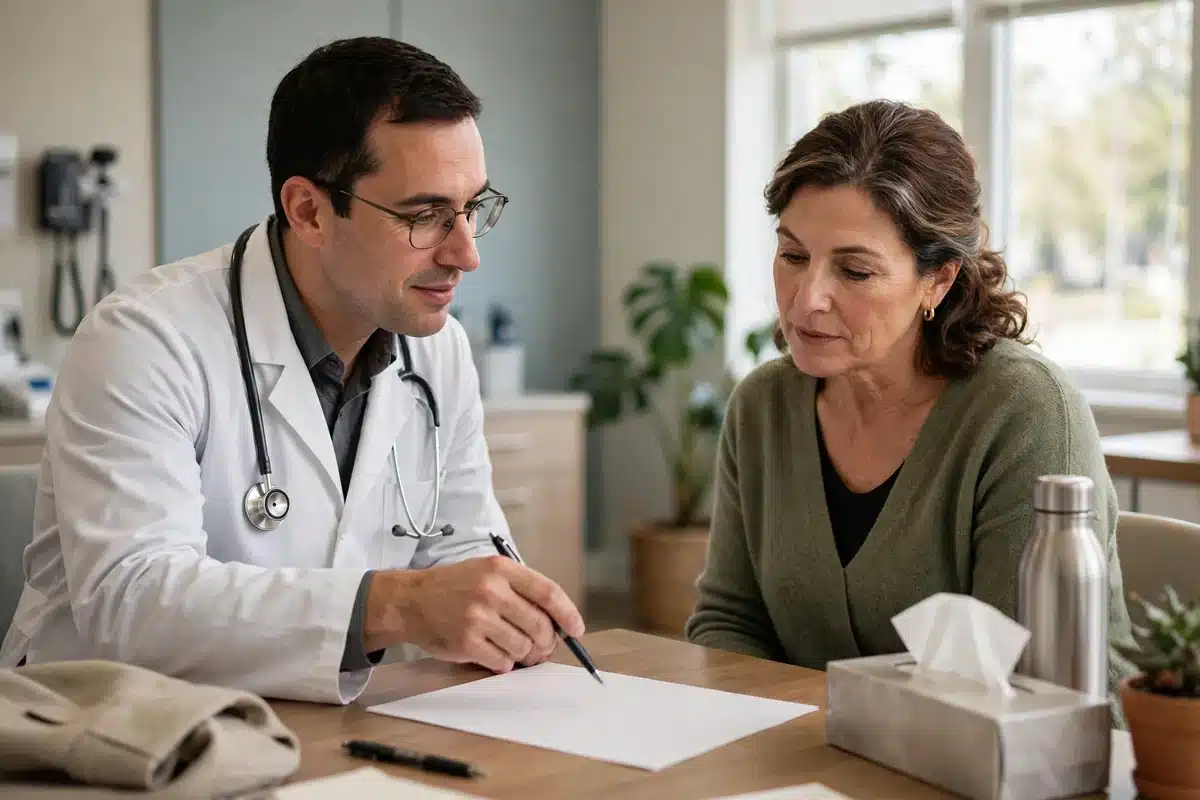 Photo of a doctor pointing to a plain report page while a woman patient looks on in a bright consultation room