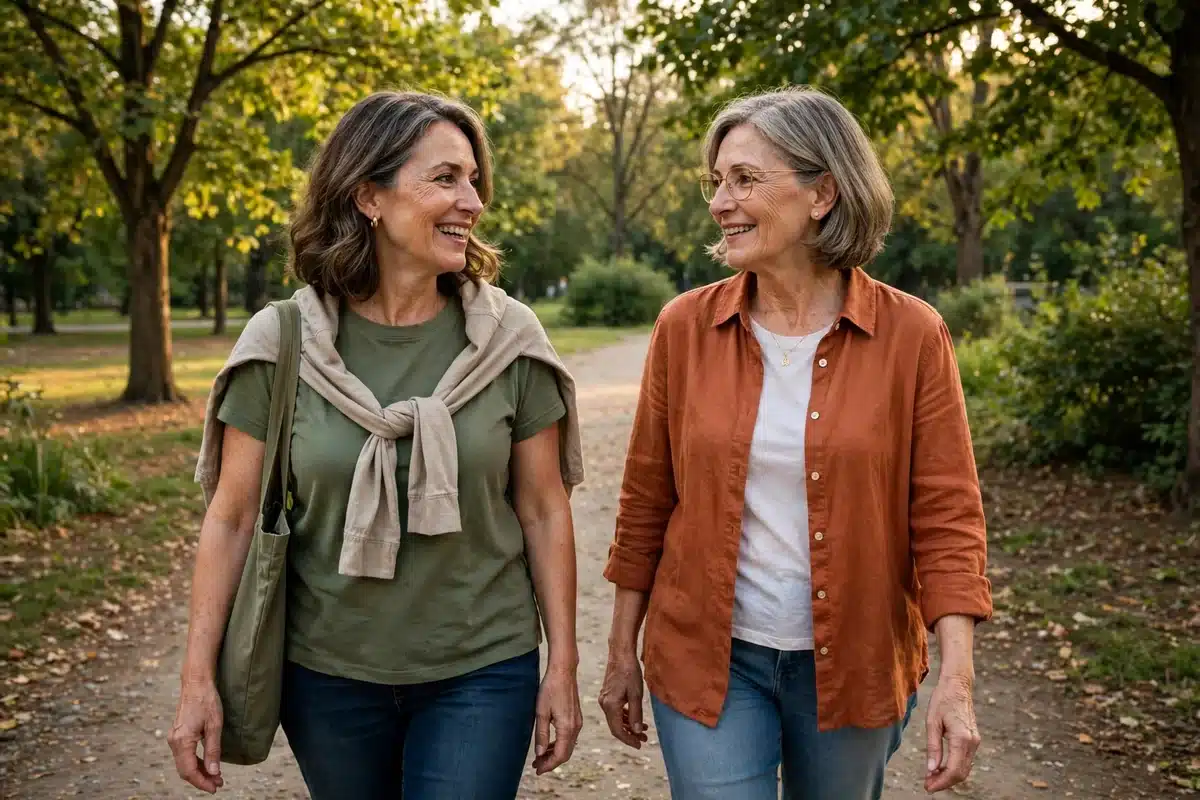 Photo of a woman walking in a park with her sister in warm afternoon light, talking together