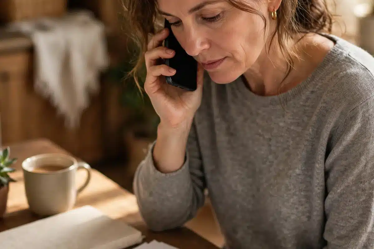 Photo of a woman in her 40s speaking on the phone at home while looking at plain blank paperwork on the table, a notebook beside her, calm focused mood, warm natural light