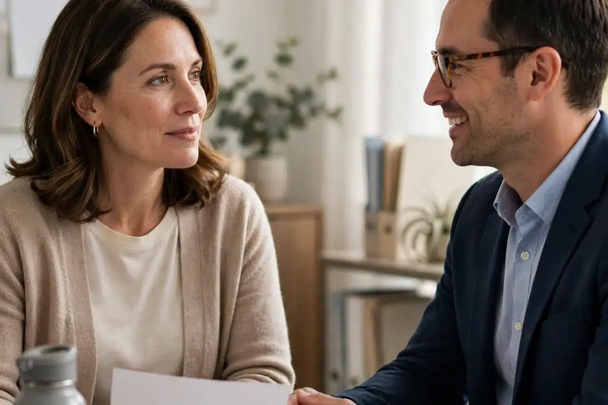 Photo of a woman in her 40s sitting across a desk from a hospital financial counselor in a bright office, reviewing plain blank paperwork together, calm hopeful conversation, natural light