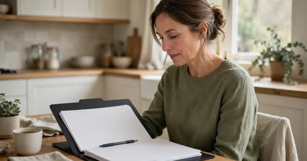 Photo of a woman in her 40s at her kitchen table at home with a folder of plain blank billing papers and a pen, calm and organized, soft daylight