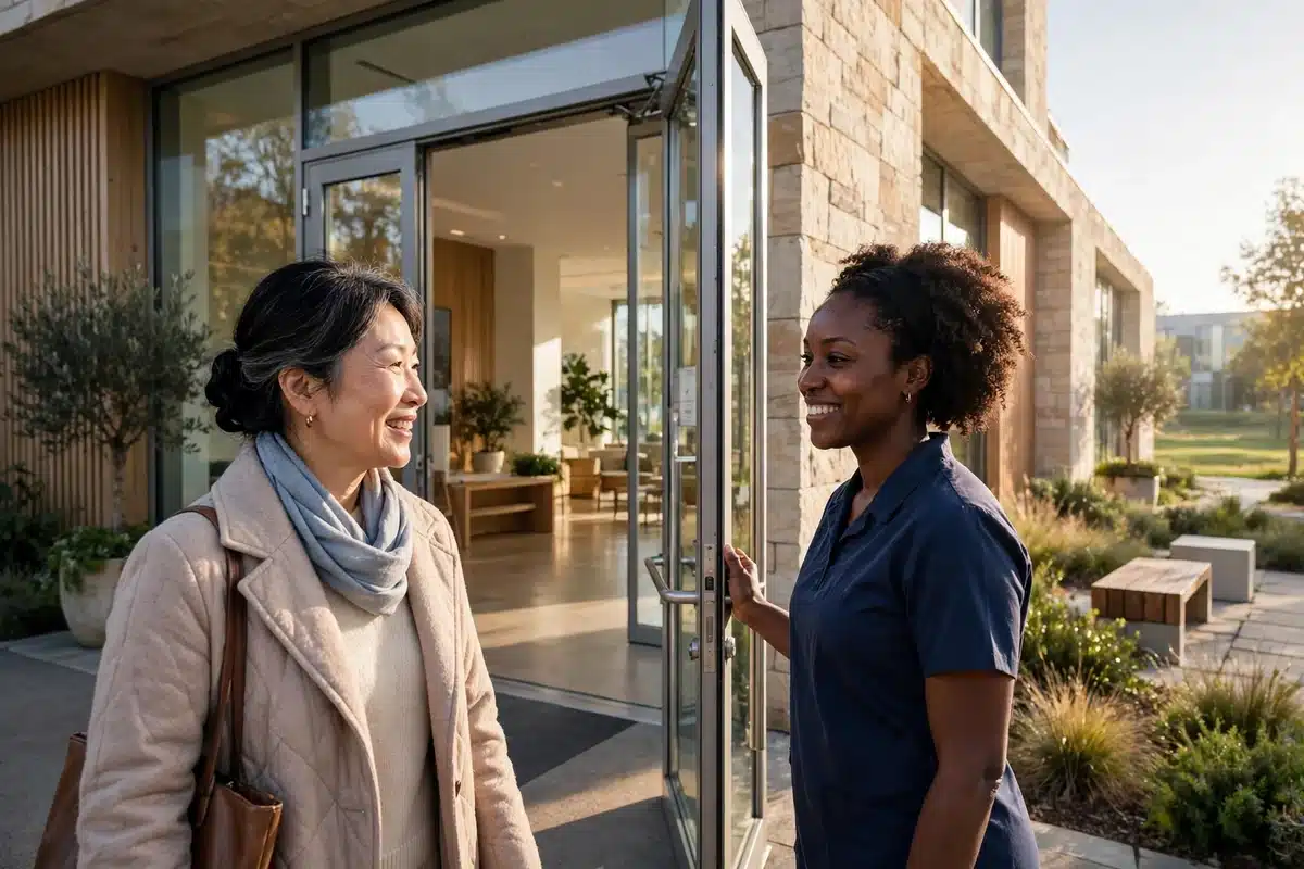 Photo of a woman arriving at the entrance of a bright imaging center and being greeted warmly by a staff member