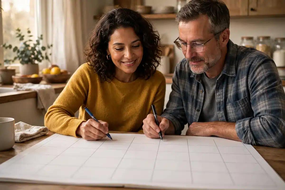 Photo of a couple sitting at a kitchen table reviewing a blank paper calendar together to plan a follow-up appointment