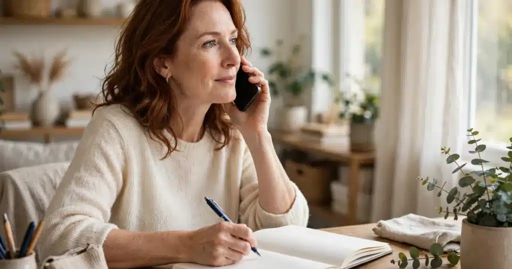 Photo of a woman in her mid 40s on the phone at home, listening calmly while writing in a blank notebook