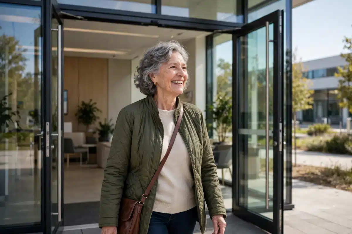 Photo of a smiling older woman walking out of a modern clinic through glass doors into the sunlight