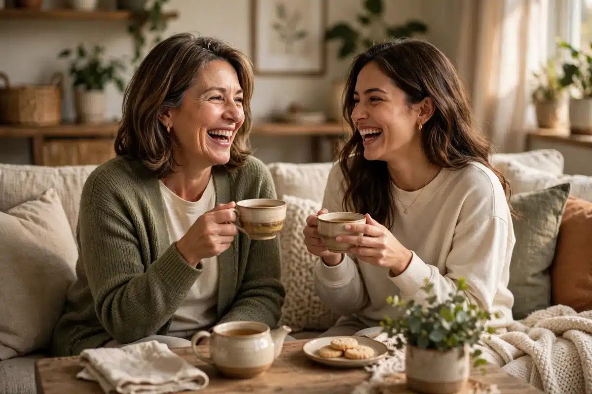 Photo of a woman laughing with her adult daughter over cups of tea on a sofa at home