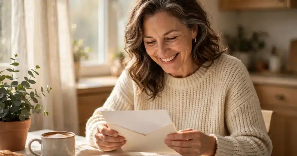 Photo of a smiling woman in her 50s reading a letter at her kitchen table in warm morning light