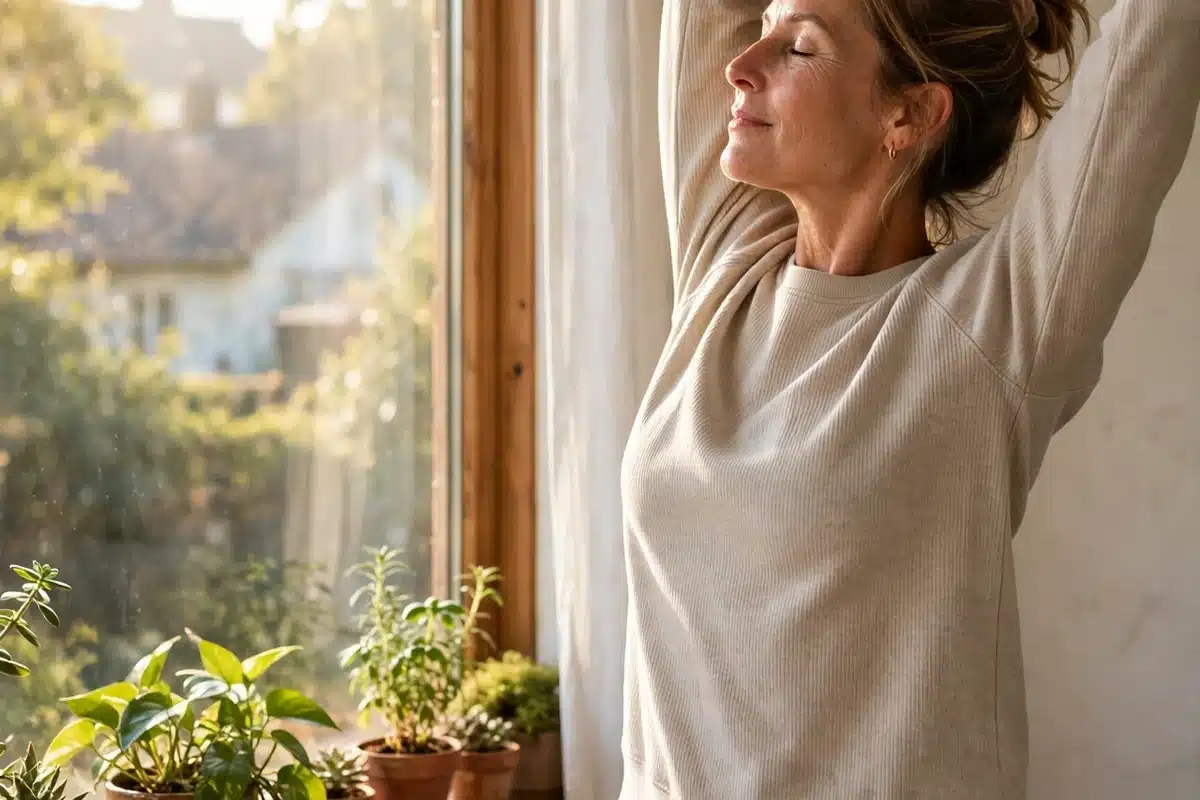 Photo of a woman doing a gentle morning stretch by a sunny window at home