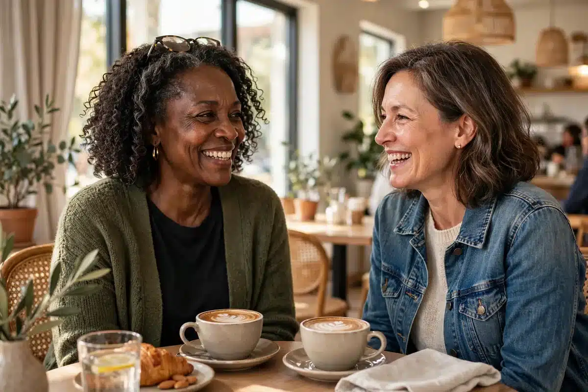 Photo of two women friends laughing over coffee in a bright café