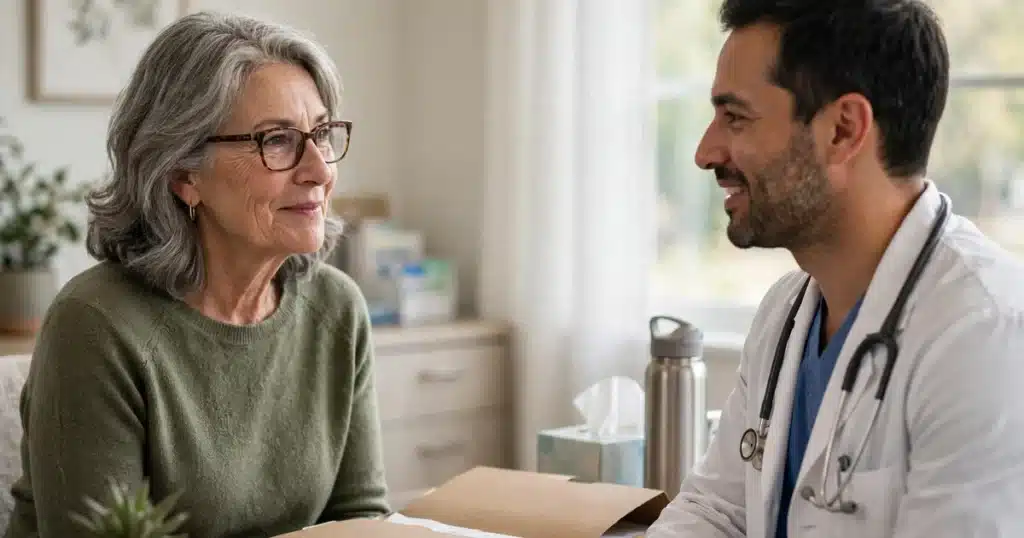 Photo of an older woman talking with her doctor across a desk in a bright clinic office