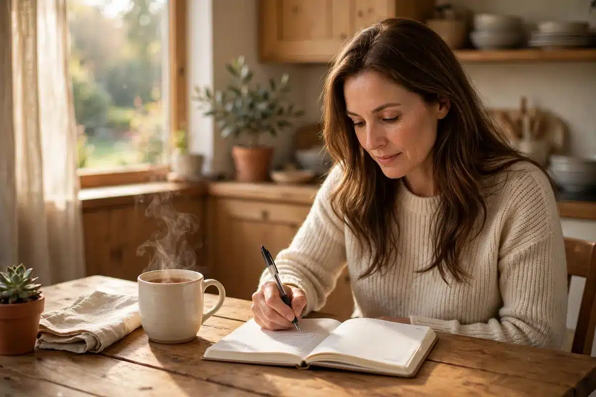 Photo of a woman writing a follow-up appointment in her diary at her kitchen table