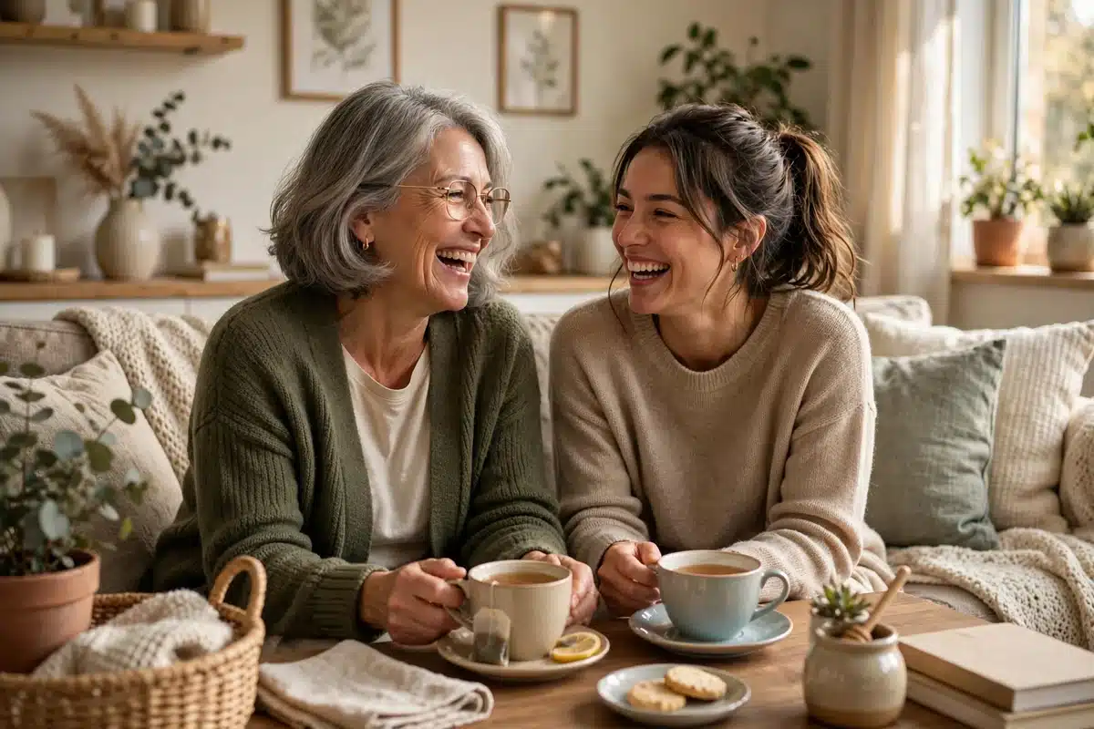 Photo of a woman laughing with her adult daughter over cups of tea on a sofa at home