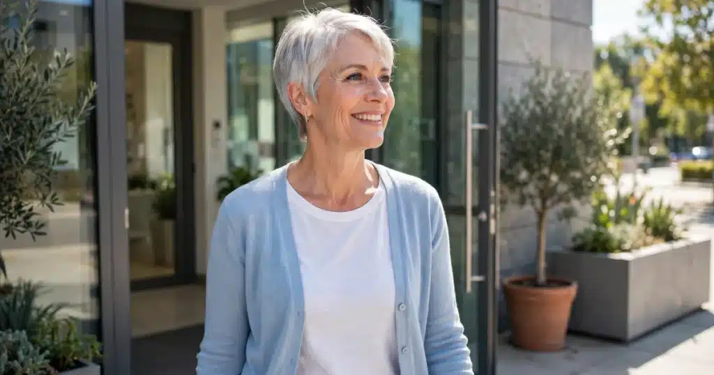 Photo of a smiling woman in her 50s walking out of a modern clinic through glass doors into the sunlight