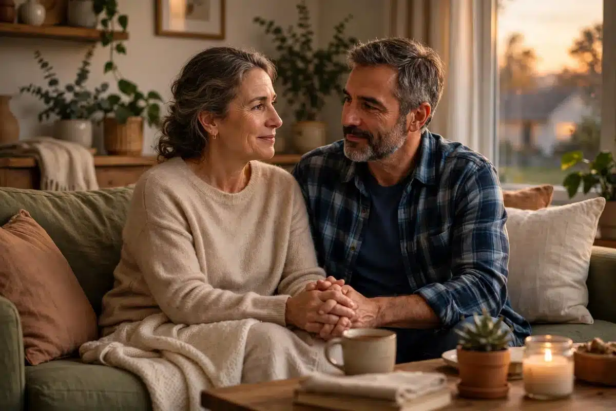 Photo of a woman and her husband sitting close together on their sofa at home, holding hands
