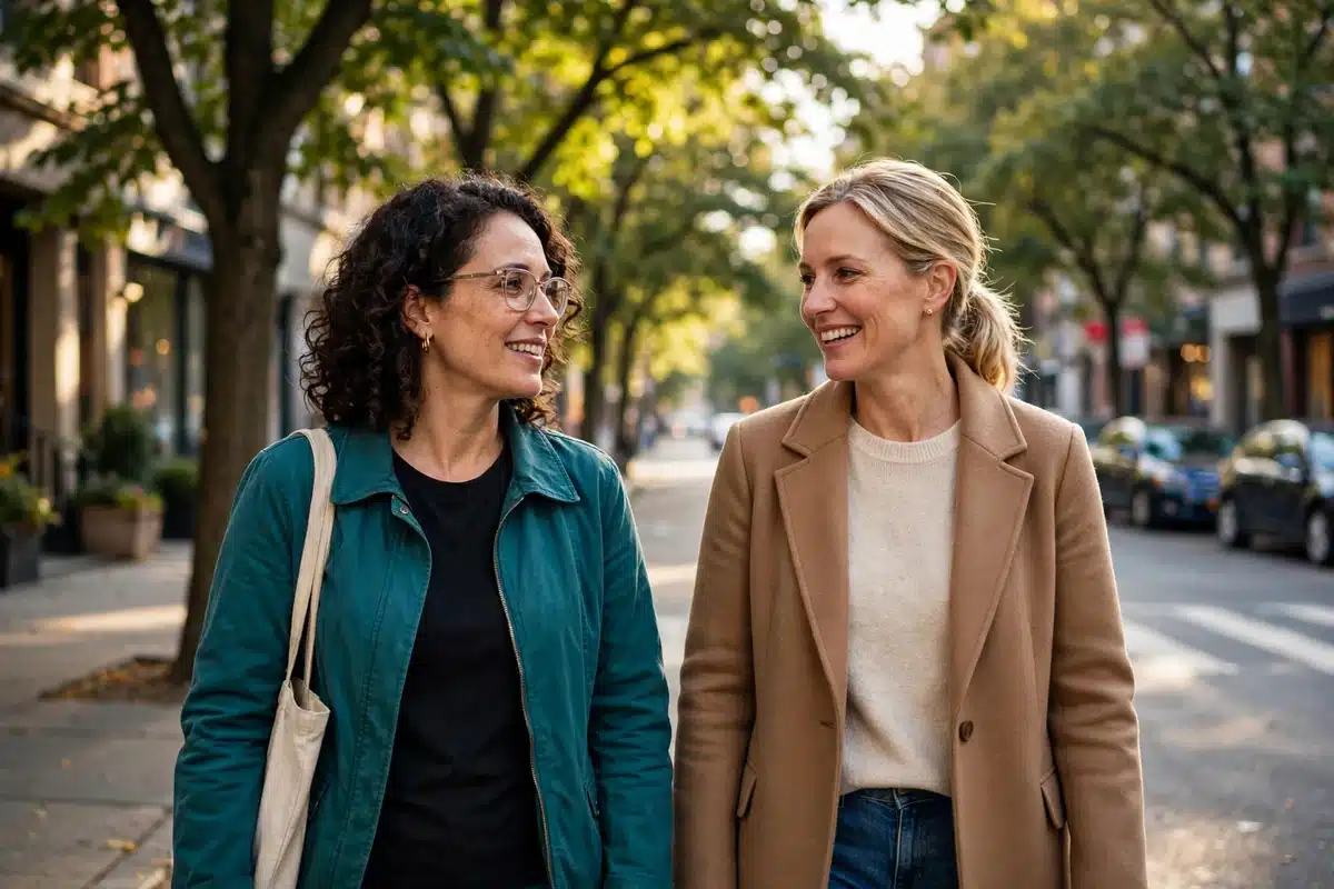 Photo of two women friends walking together on a tree-lined street in soft sunlight