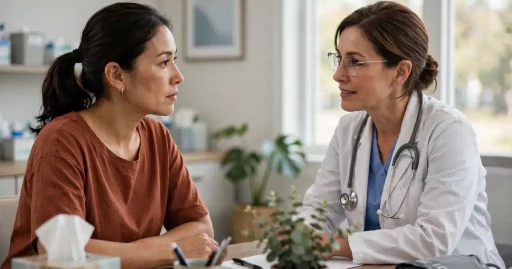 Photo of a woman talking calmly with her doctor across a desk in a bright clinic office