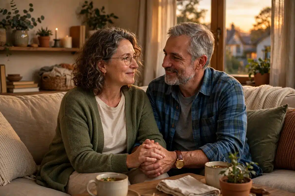 Photo of a woman and her husband sitting close on their sofa at home, holding hands