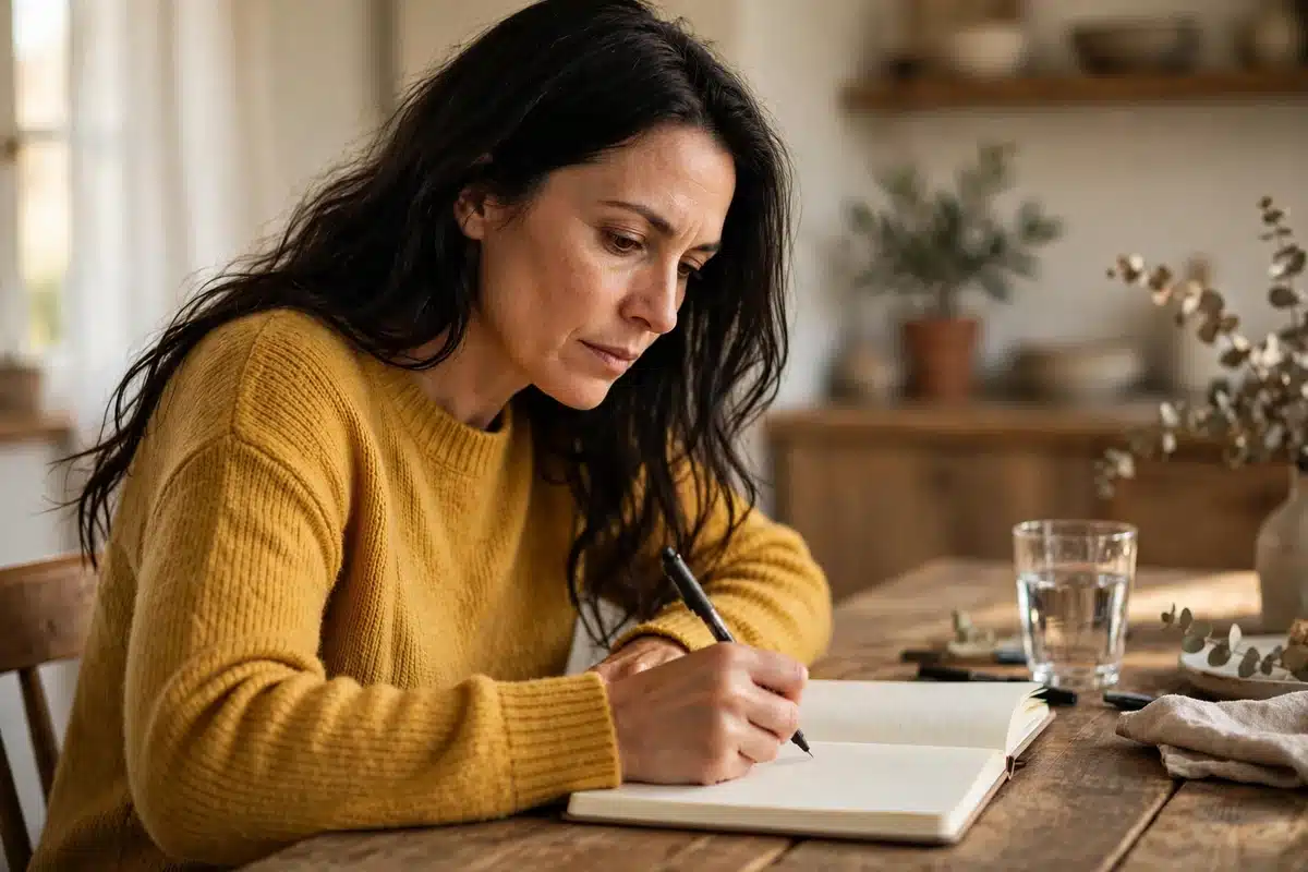 Photo of a woman writing questions in a notebook at her dining table at home