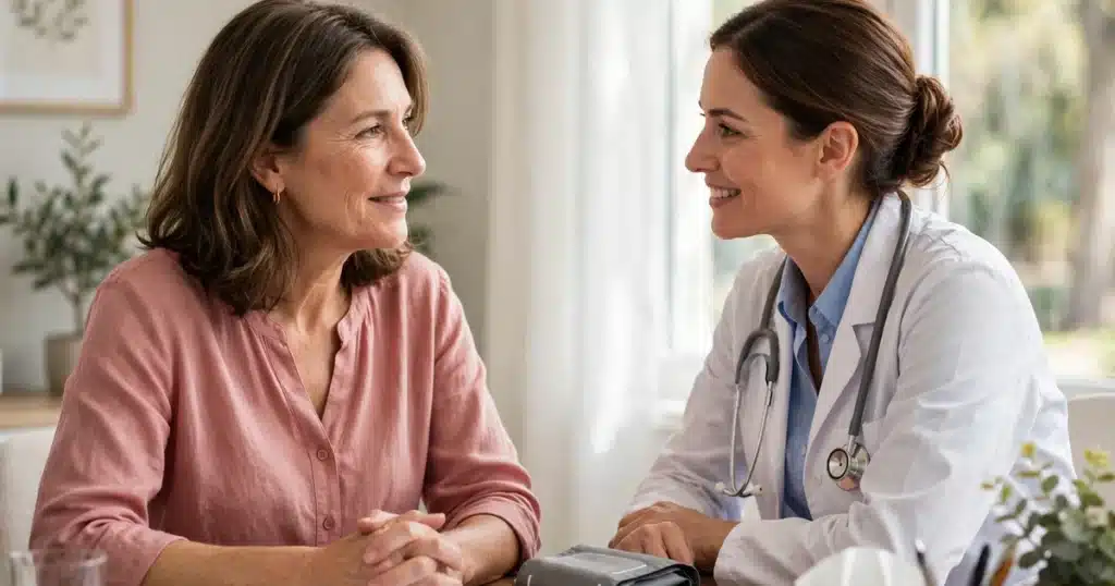 Photo of a woman talking seriously with her doctor across a desk in a bright clinic office