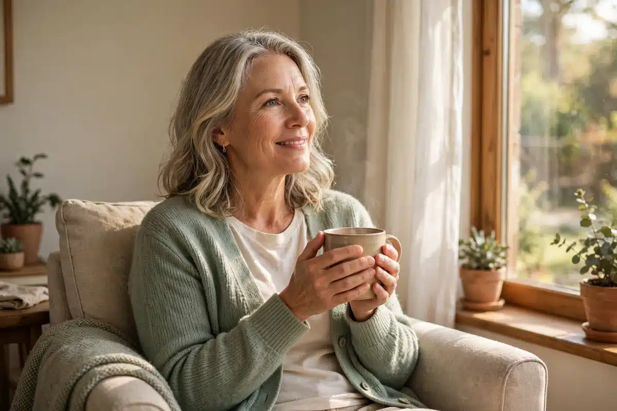 Photo of a woman sitting peacefully by a sunny window at home holding a warm mug