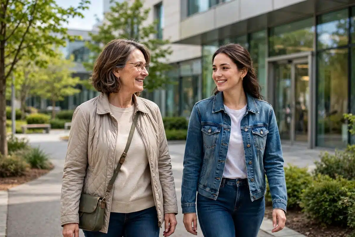 Photo of a woman and her adult daughter walking together on a path outside a modern medical building