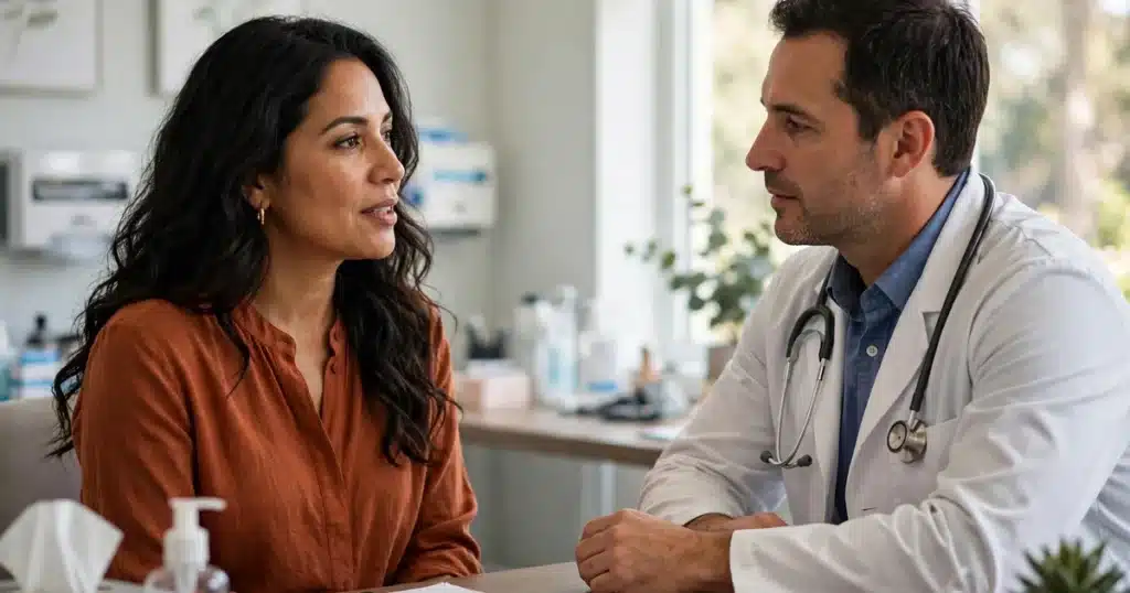 Photo of a woman talking with her doctor across a desk in a bright clinic office
