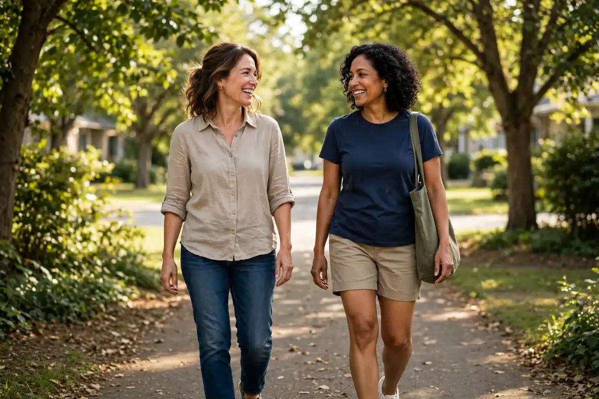 Two women walking together on a leafy path, smiling and talking