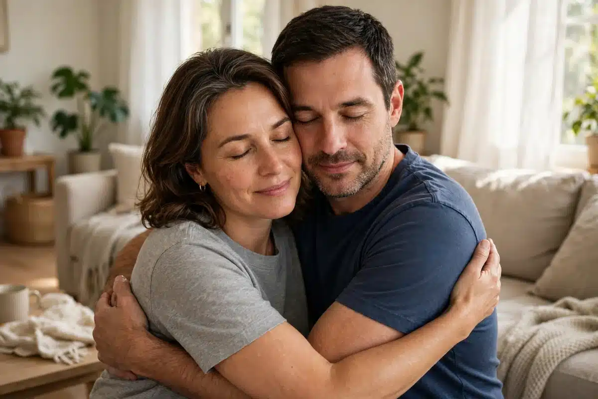 Woman embracing her partner in a warm hug in a sunlit living room