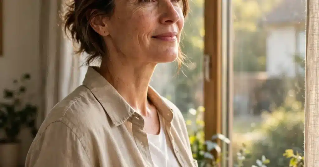 Woman in her 40s standing by a sunlit window with a calm, self-assured expression