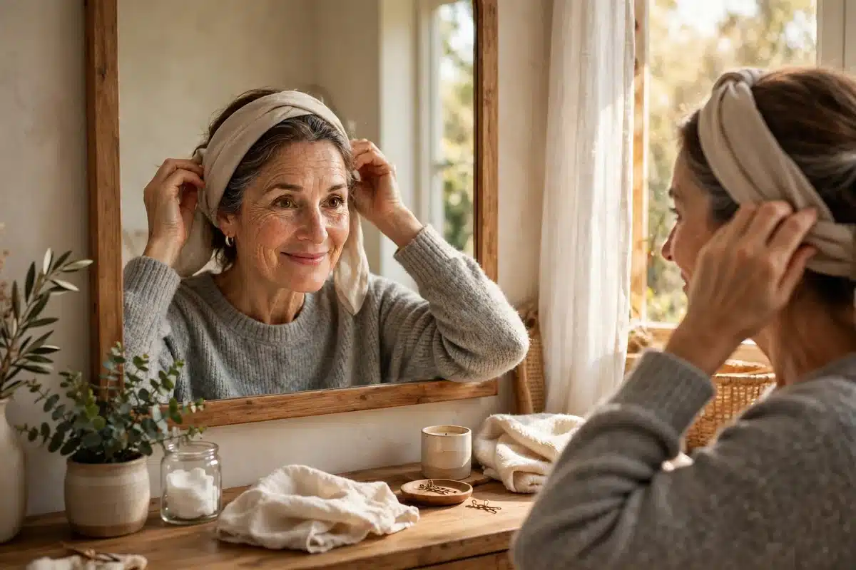 Photo of a woman in her 50s trying on a soft headscarf in front of a mirror at home, smiling gently, warm daylight
