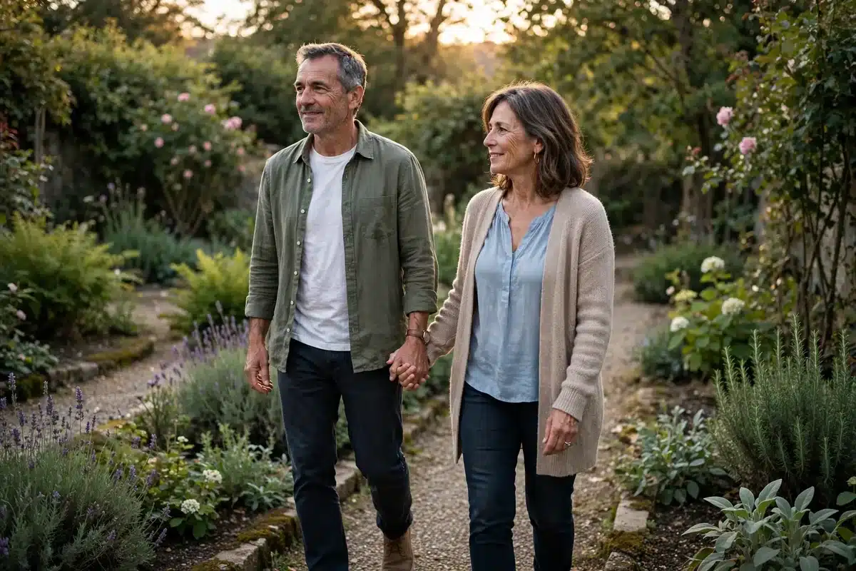 Photo of a couple in their 50s walking hand in hand along a quiet garden path in soft warm light, tender