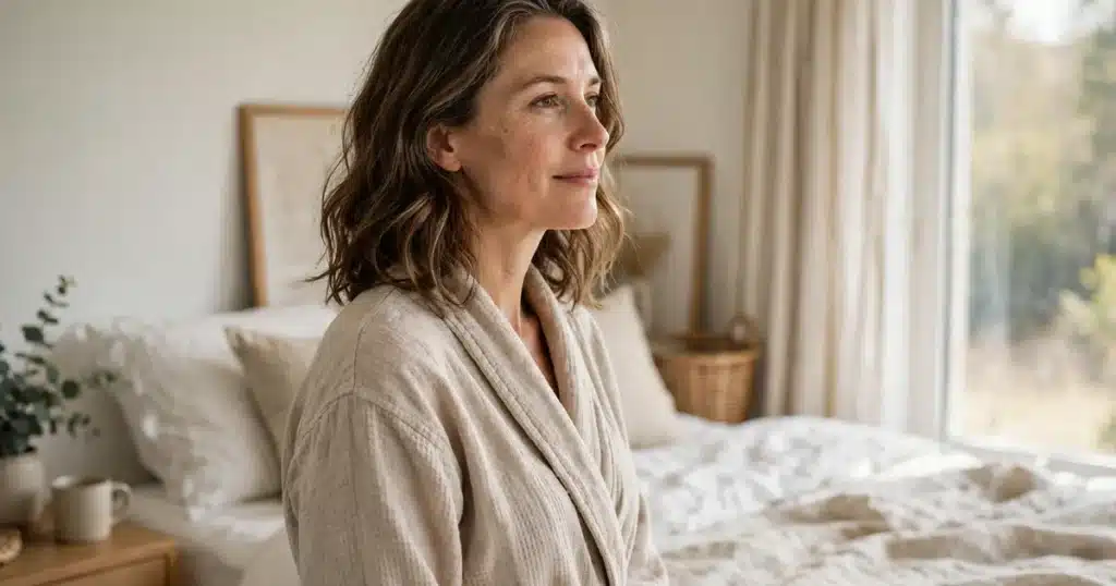 Photo of a woman in her 40s standing calmly in a bright bedroom in soft morning light, wearing a comfortable robe, looking gently toward the window with a peaceful expression