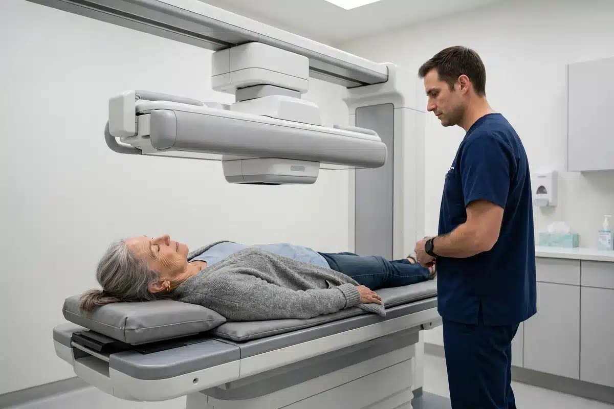 Photo of a woman lying relaxed on a padded scanner table in a bright imaging room while a bone density scan takes place, calm and fully clothed