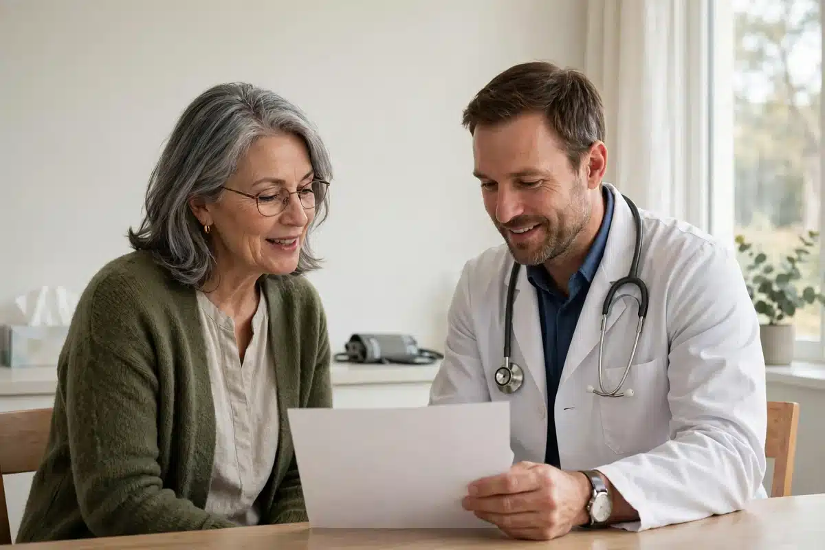 Photo of a woman talking with her doctor in a bright clinic room, looking together at her bone health results and discussing next steps