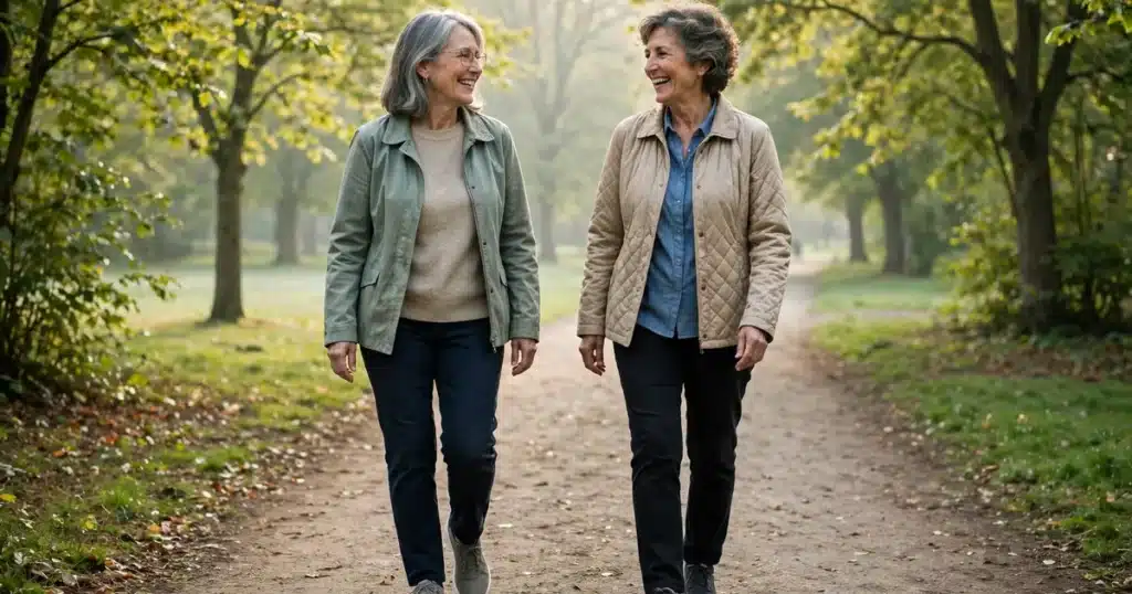 Photo of a woman in her 60s walking briskly along a tree-lined park path with a friend in soft morning light, upright and active