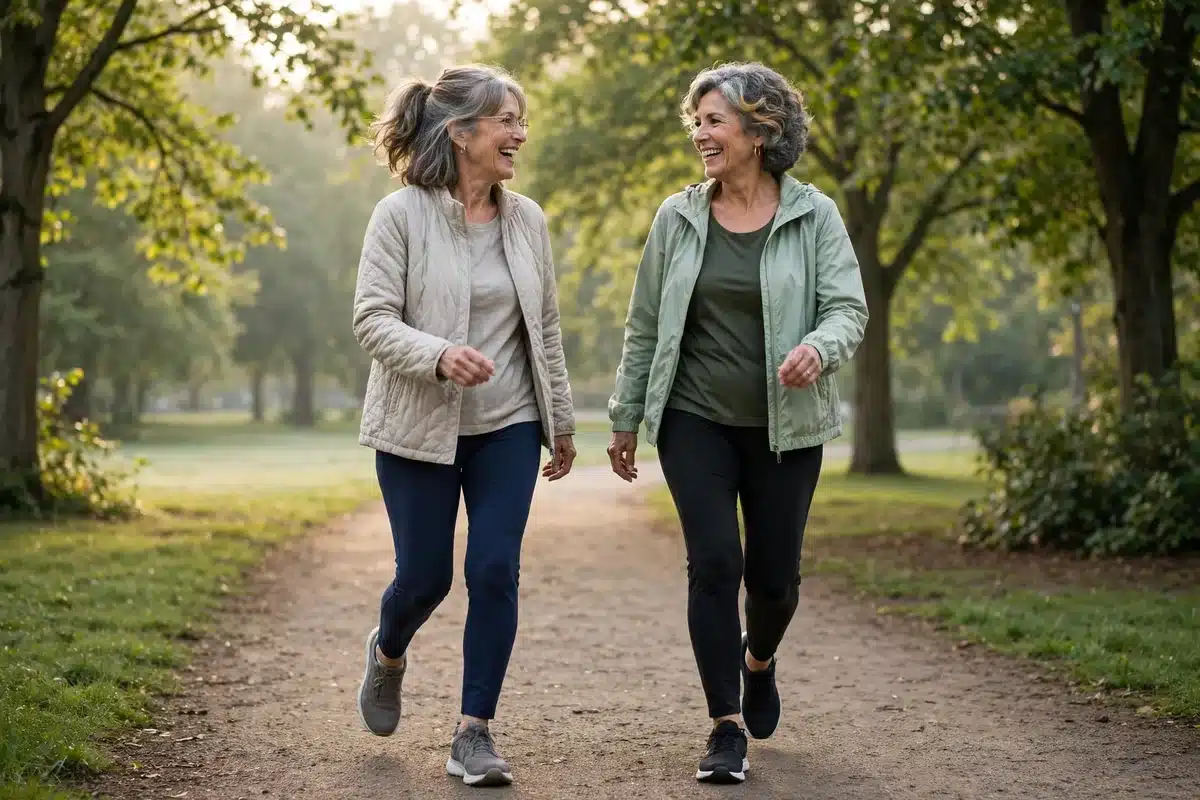 Photo of a woman in her 60s walking briskly along a park path with a friend in soft morning light, both in comfortable walking shoes