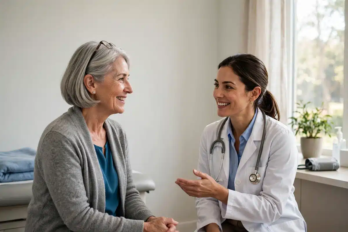 Photo of a woman talking with her doctor about bone health at a routine survivorship checkup in a bright clinic room