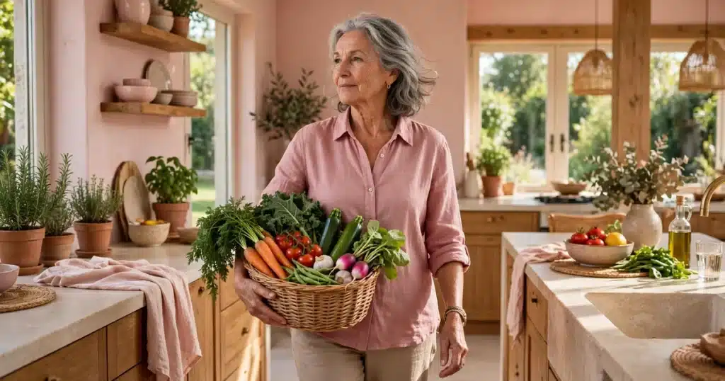 Photo of a woman in her 60s carrying a basket of fresh vegetables through a bright kitchen at home, standing strong and upright in natural light
