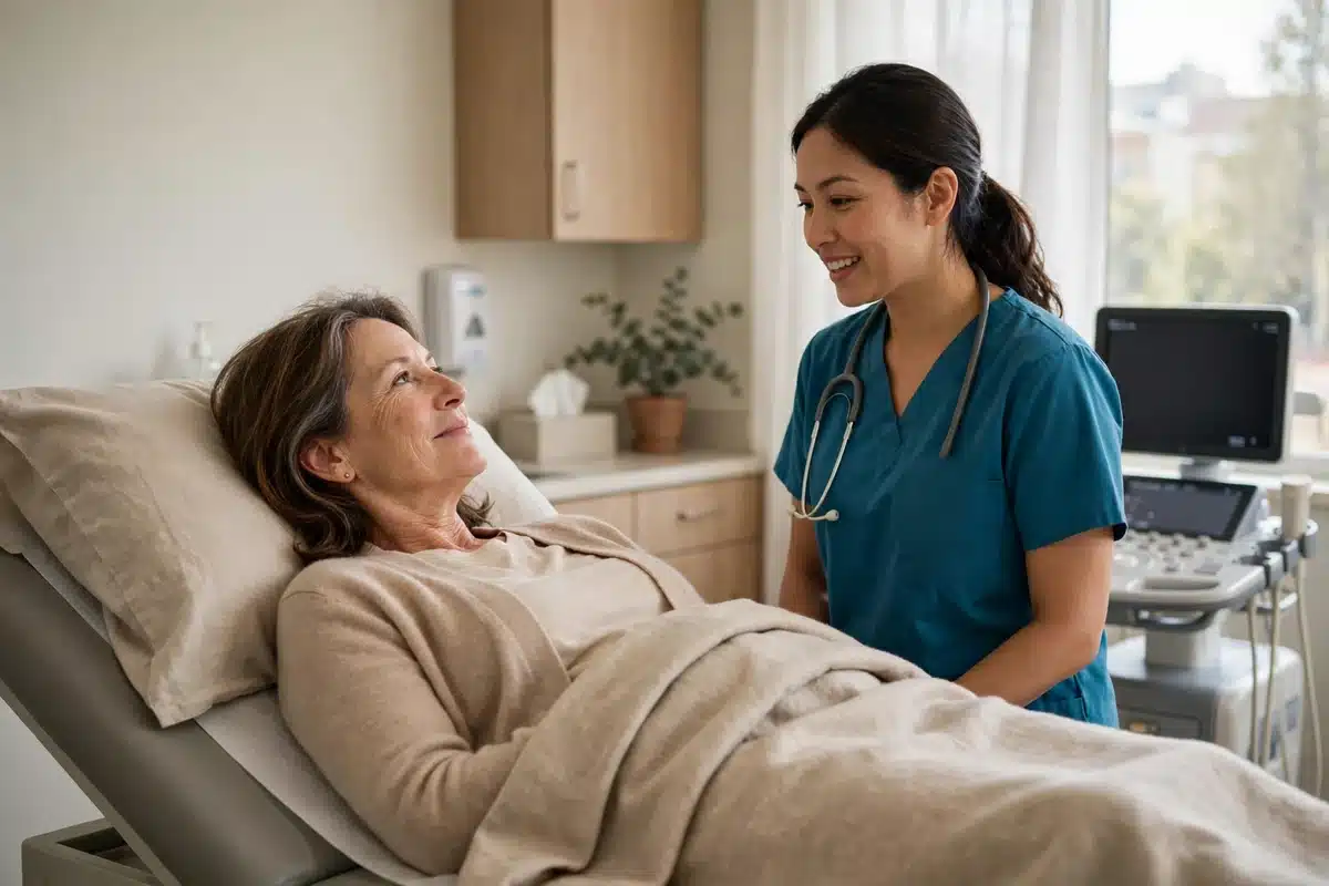 Woman resting calmly on a padded scanning table while a nurse speaks with her during a bone scan