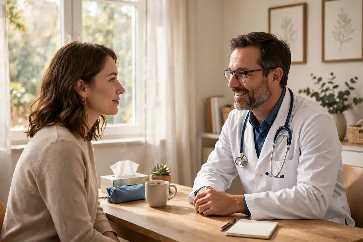 Woman discussing her bone scan results in a warm conversation with her doctor