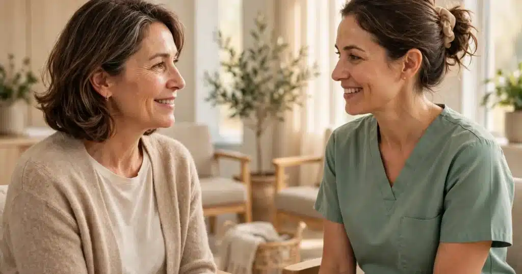 Woman talking with a radiology technologist in a bright, calm imaging waiting room before her bone scan