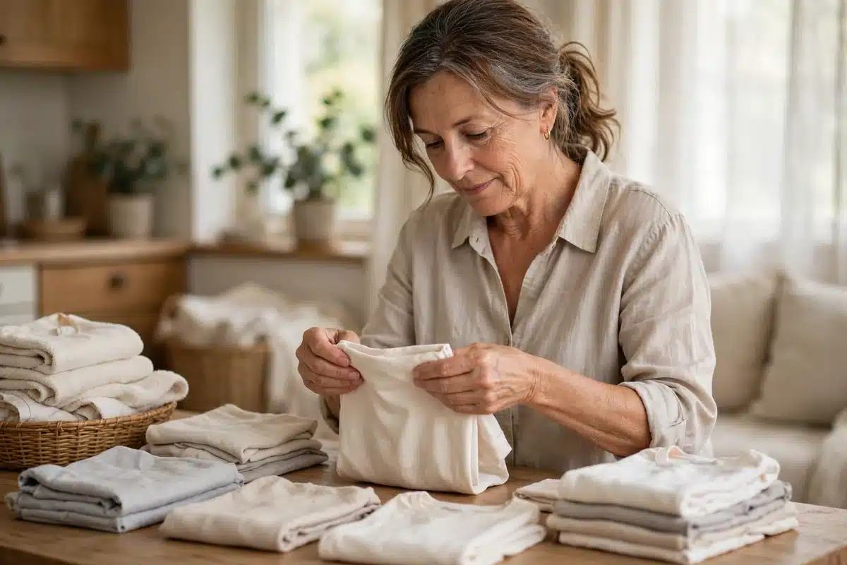 Photo of a woman in her 50s folding soft plain cotton garments at home, calm and unhurried, soft daylight
