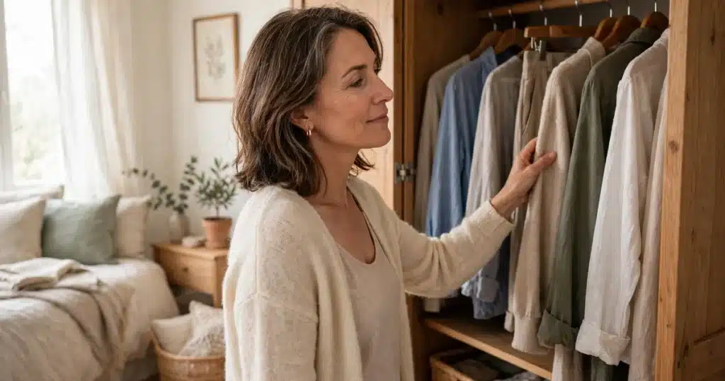 Photo of a woman in her 50s in a bright bedroom choosing clothes from an open wardrobe, calm morning routine, soft natural light